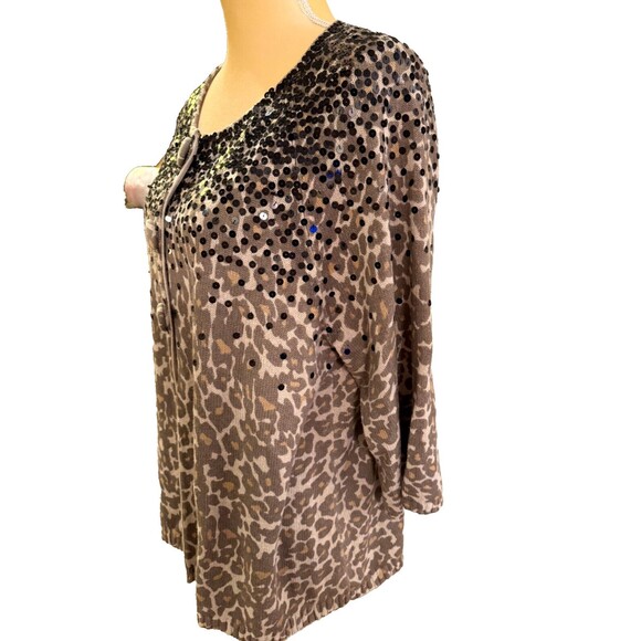 Chico's Sparkly Sequin Cardigan Sweater Sz 2/Large Black Brown Animal Print - Picture 3 of 8